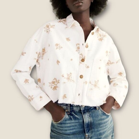 Zara White Gold Cropped Denim Jean Overshirt Button Down Jacket - Picture 1 of 9